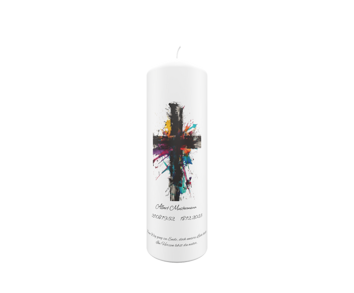 Weiße Trauerkerze mit farbstarkem Expression-Kreuz in Violett, Türkis, Gelb und Pink – freigestellt auf transparentem Hintergrund, Symbol für Leben und Erinnerung.