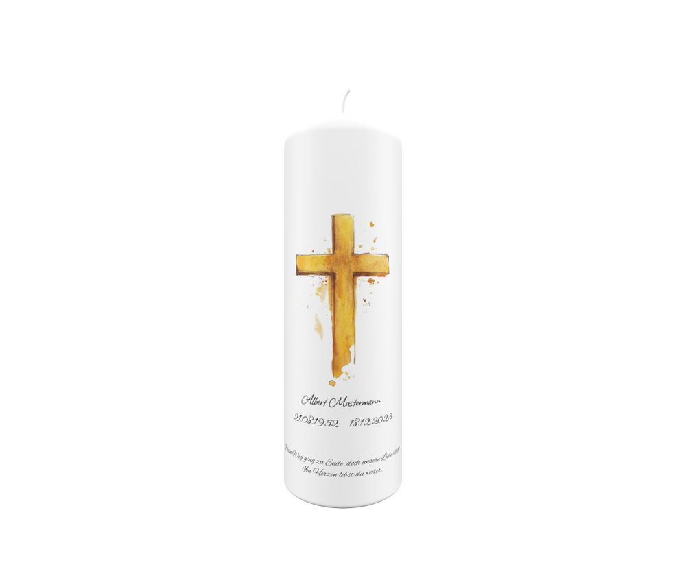 Weiße Trauerkerze mit goldenem Kreuz im Aquarellstil, Symbol für Trost, Glauben und ewige Erinnerung, freigestellt auf transparentem Hintergrund.
