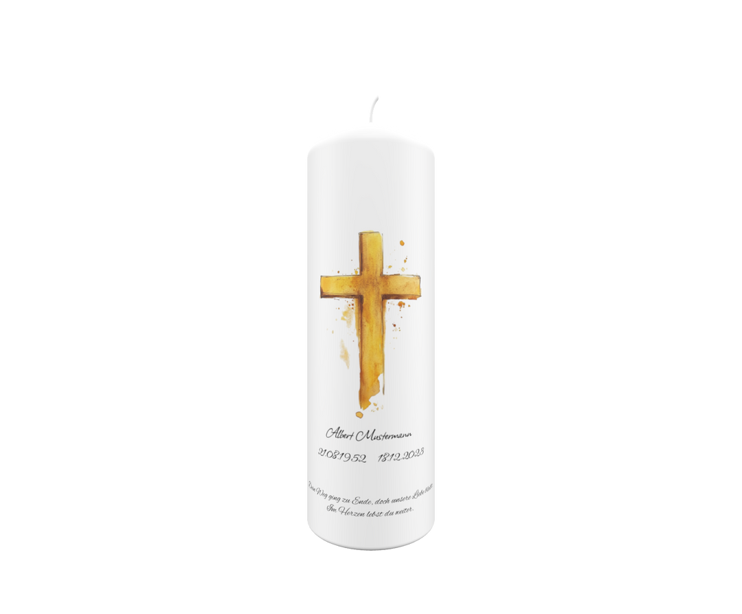 Weiße Trauerkerze mit goldenem Kreuz im Aquarellstil, Symbol für Trost, Glauben und ewige Erinnerung, freigestellt auf transparentem Hintergrund.