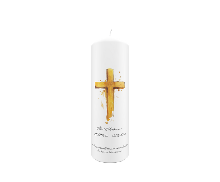 Weiße Trauerkerze mit goldenem Kreuz im Aquarellstil, Symbol für Trost, Glauben und ewige Erinnerung, freigestellt auf transparentem Hintergrund.