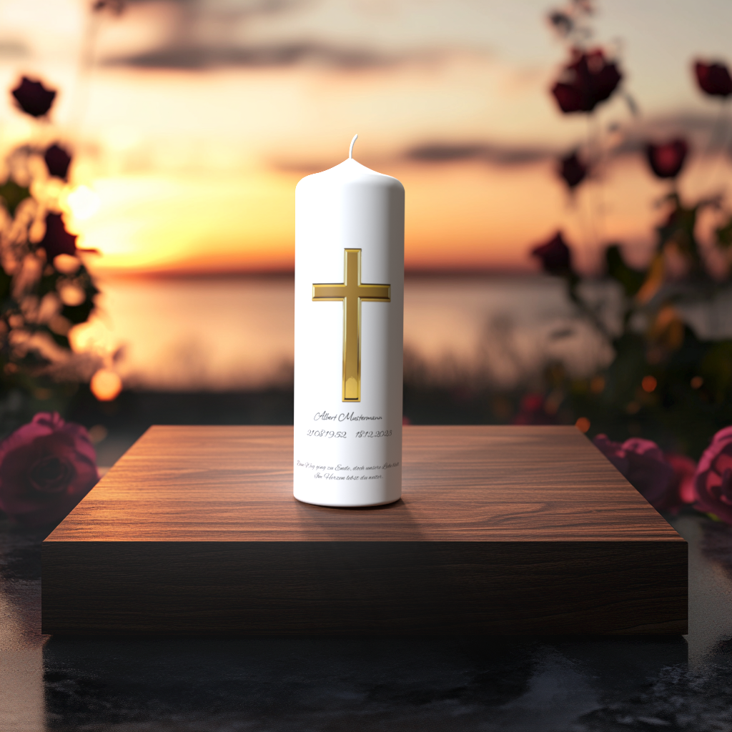 Weiße Trauerkerze mit goldenem Kreuz auf Holzpodest vor Sonnenuntergang mit Rosen – Symbol für Licht, Glaube und ewige Erinnerung.