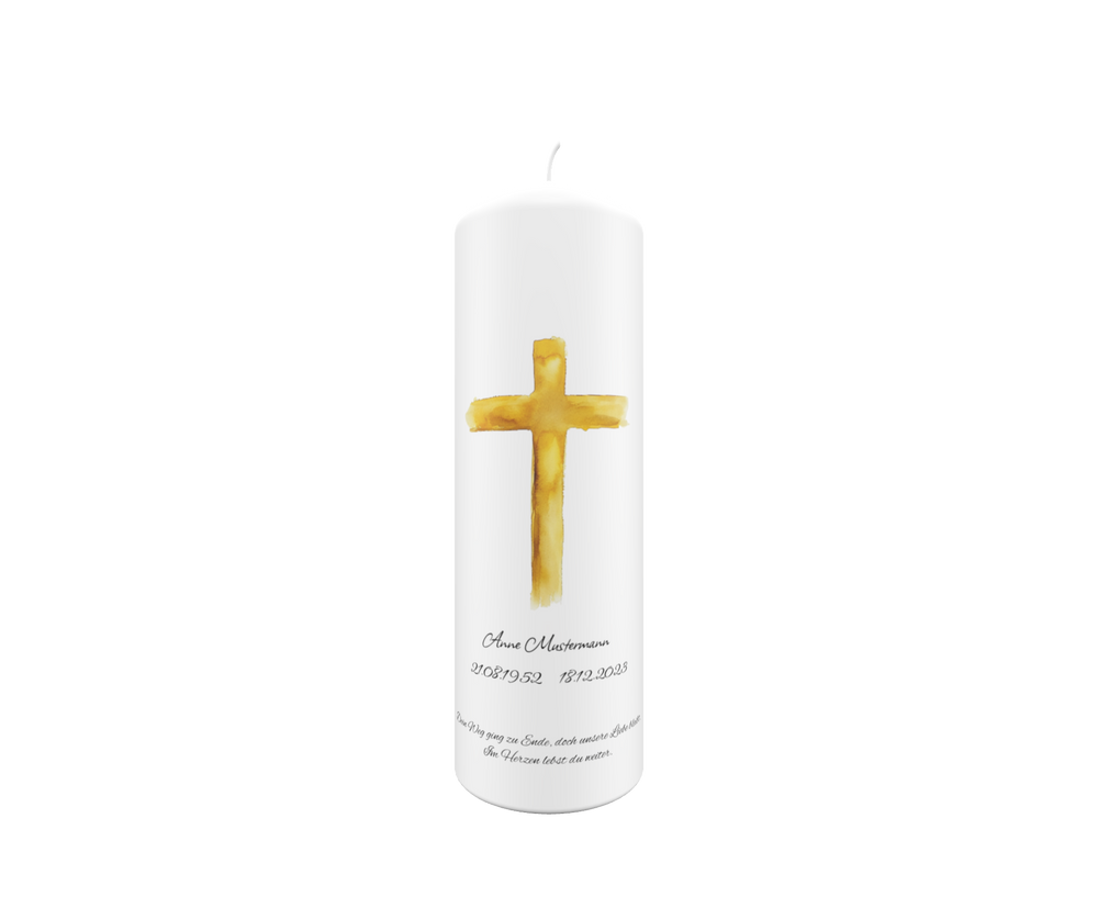 Freigestellte weiße Trauerkerze mit goldenem Kreuz im Aquarellstil – Symbol für Licht, Hoffnung und Glauben.