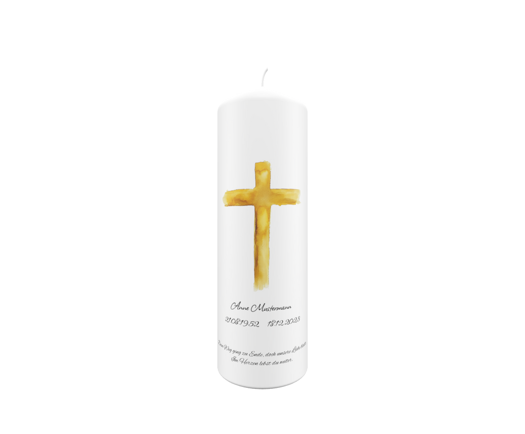 Freigestellte weiße Trauerkerze mit goldenem Kreuz im Aquarellstil – Symbol für Licht, Hoffnung und Glauben.