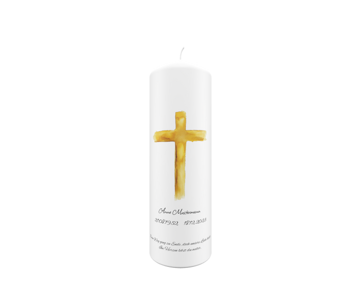 Freigestellte weiße Trauerkerze mit goldenem Kreuz im Aquarellstil – Symbol für Licht, Hoffnung und Glauben.