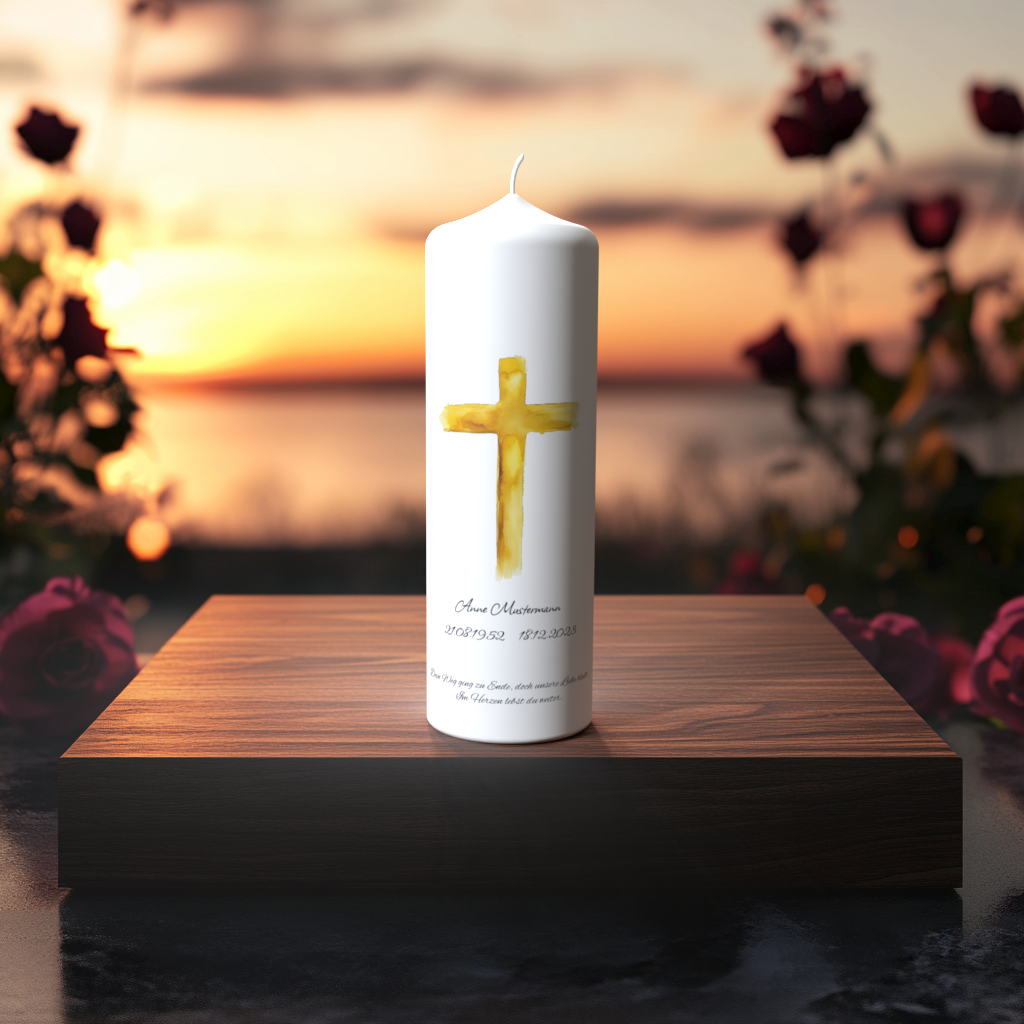 Weiße Trauerkerze mit goldenem Kreuz im Aquarellstil – Symbol für Licht, Hoffnung und Glauben.