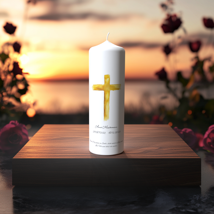 Weiße Trauerkerze mit goldenem Kreuz im Aquarellstil – Symbol für Licht, Hoffnung und Glauben.