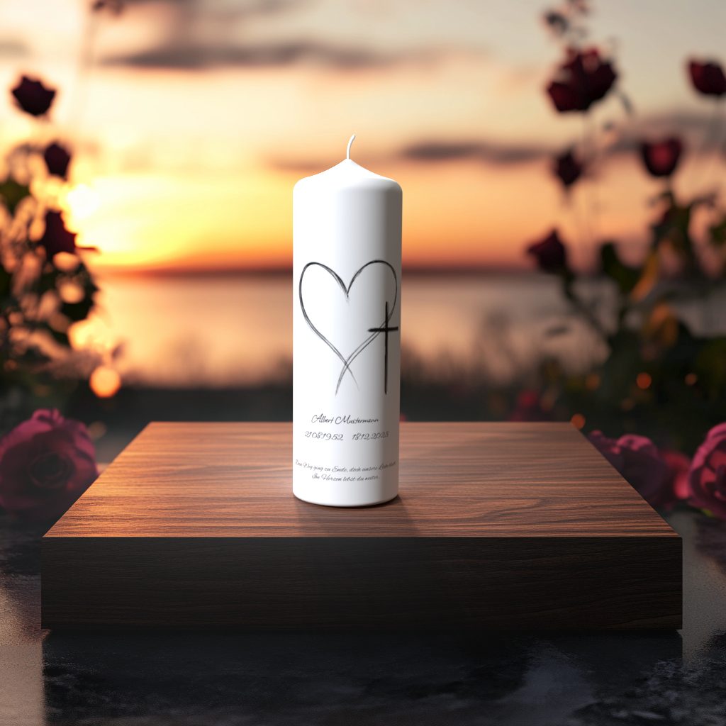 Weiße Trauerkerze mit feiner Herz- und Kreuz-Strichzeichnung auf Holzpodest vor Sonnenuntergang – Symbol für Liebe, Glaube und bleibende Erinnerung.