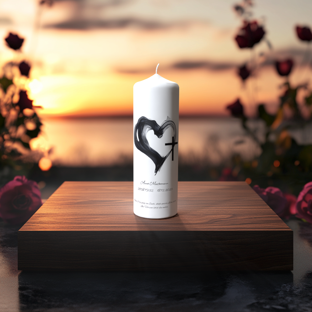 Weiße Trauerkerze mit abstrakter schwarzer Herzlinie und Kreuz – Symbol für Liebe, Glaube und Erinnerung.