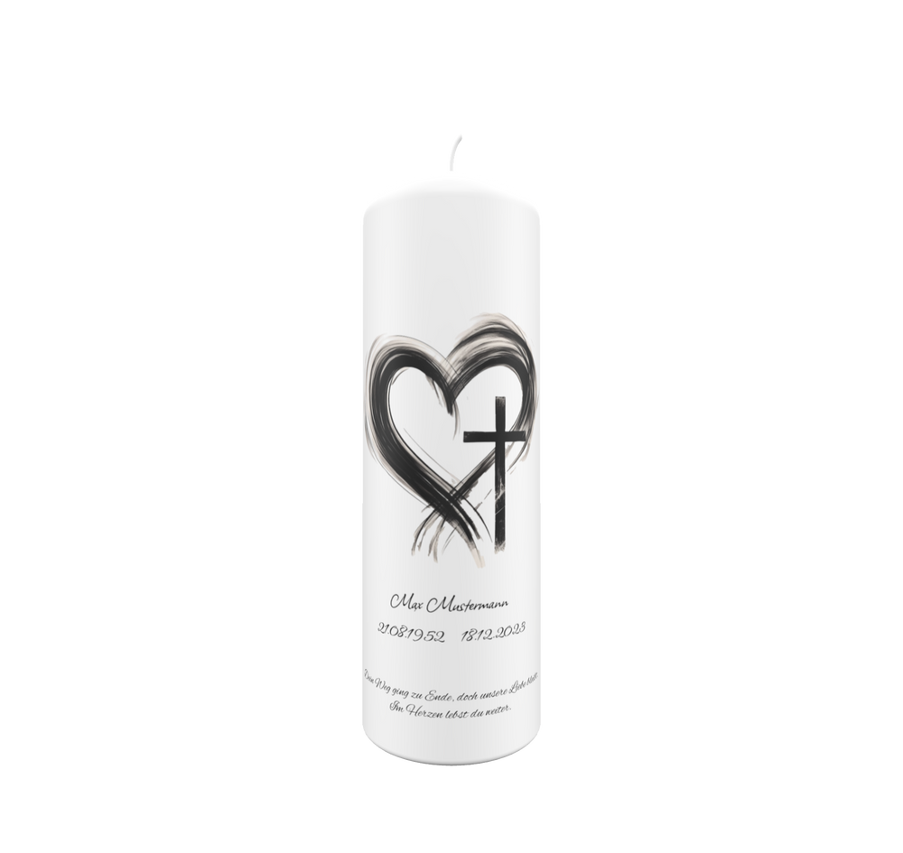 Freigestellte weiße Trauerkerze mit schwarzer Herzlinie und Kreuz – Symbol für Liebe, Glaube und Erinnerung.