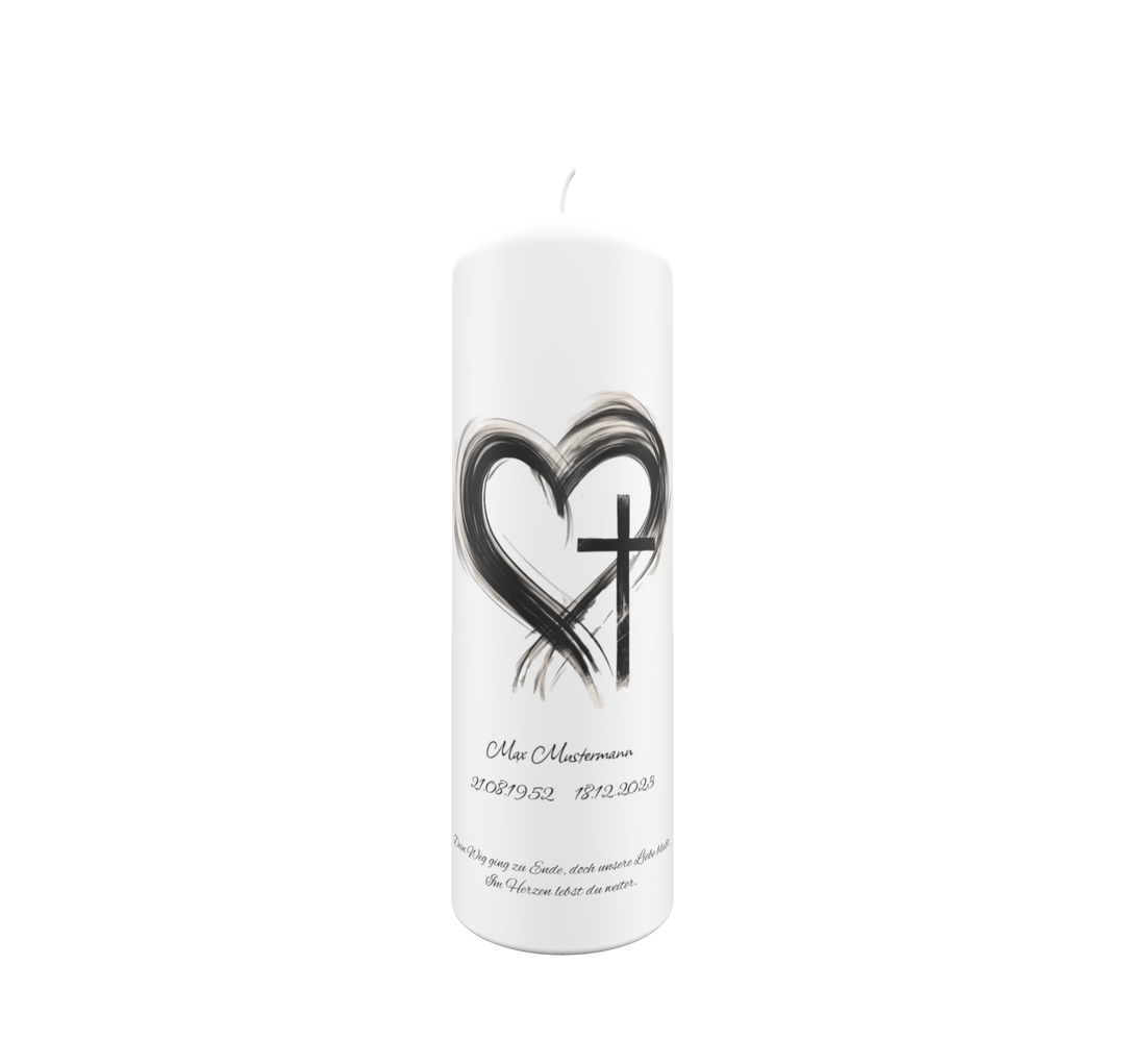 Freigestellte weiße Trauerkerze mit schwarzer Herzlinie und Kreuz – Symbol für Liebe, Glaube und Erinnerung.