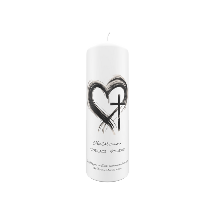 Freigestellte weiße Trauerkerze mit schwarzer Herzlinie und Kreuz – Symbol für Liebe, Glaube und Erinnerung.
