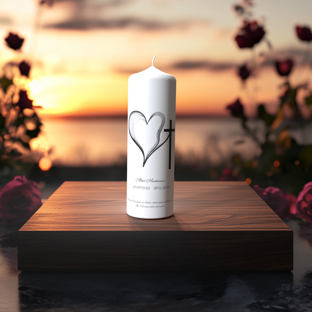 Weiße Trauerkerze mit feiner Herzlinie und Kreuz, auf Holzpodest vor Sonnenuntergang mit Rosen – Symbol für Liebe, Glaube und Erinnerung.