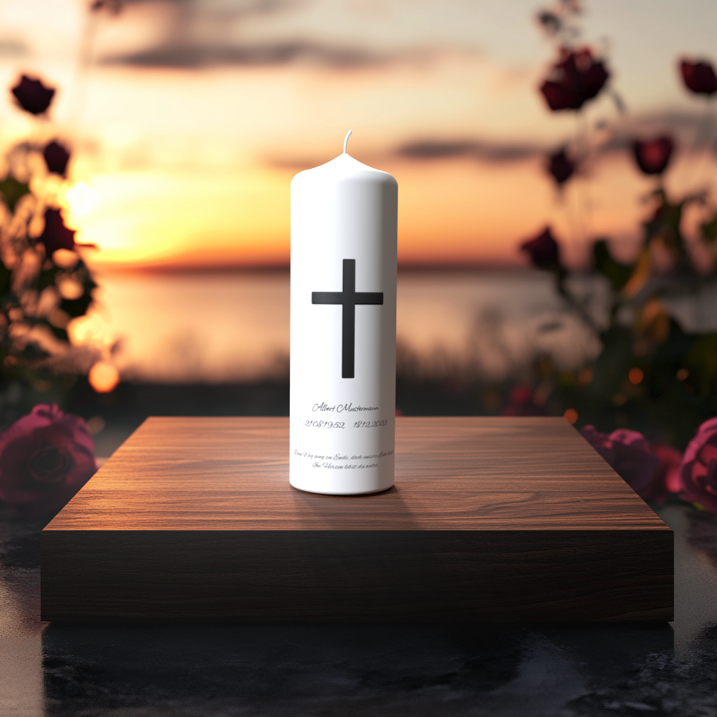 Weiße Trauerkerze mit schwarzem Kreuz auf Holzpodest vor Sonnenuntergang – Symbol für Glaube, Trost und Erinnerung.