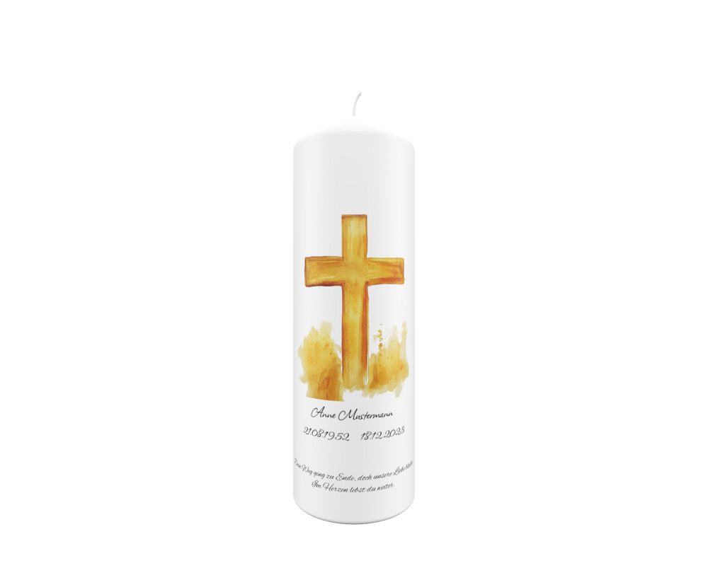 Freigestellte weiße Trauerkerze mit goldenem Kreuz in Aquarelloptik – Symbol für Licht, Trost und Hoffnung.