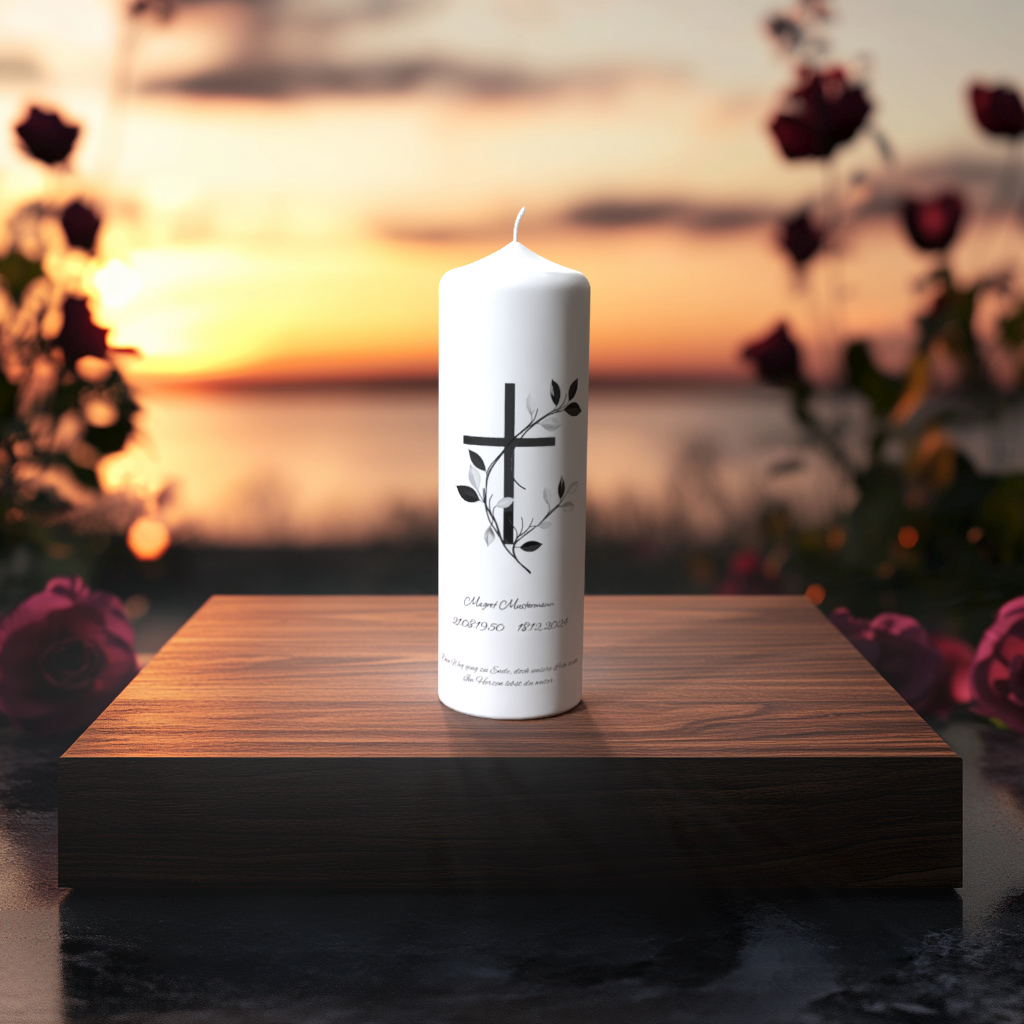 Weiße Trauerkerze mit Kreuz und feiner Ranke bei Sonnenuntergang – Symbol für Hoffnung, Erinnerung und neues Leben.