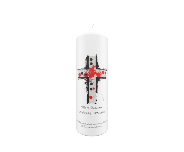 Weiße Trauerkerze mit künstlerischem Kreuz in Rot und Schwarz, freigestellt auf transparentem Hintergrund – Symbol für Liebe, Schmerz und Hoffnung.