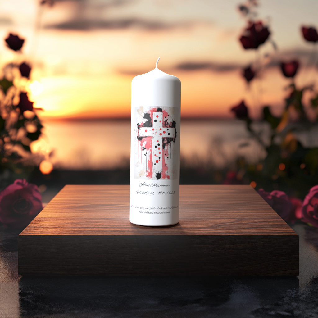Weiße Trauerkerze mit modernem Kreuz in Rot und Schwarz, auf Holzpodest vor Sonnenuntergang – Symbol für Kraft, Hoffnung und Erinnerung.