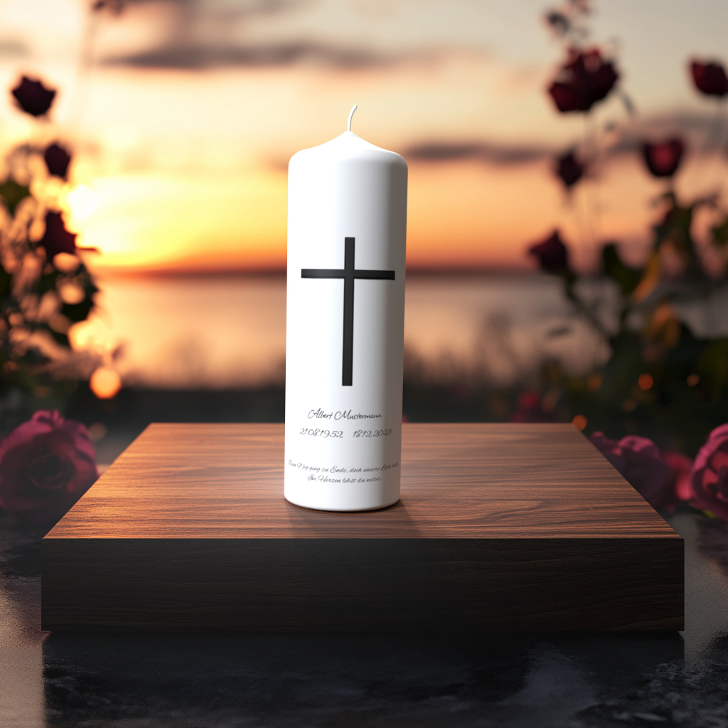 Weiße Trauerkerze mit schlichtem schwarzen Kreuz auf Holzpodest vor Sonnenuntergang – Symbol für Trost, Glaube und ewige Erinnerung.