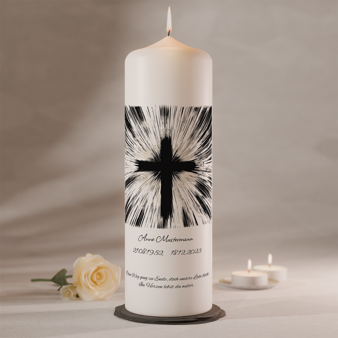 Moderne Trauerkerze mit Lichtstrahlkreuz in Schwarz als Symbol für Hoffnung und Erinnerung