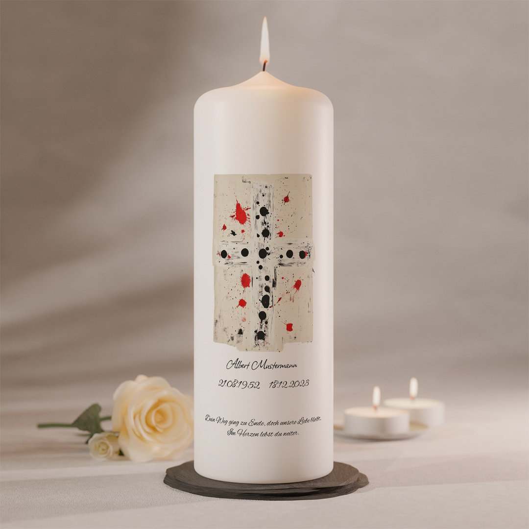 Personalisierbare Gedenkkerze mit modernem Punktkreuz und farbigen Symbolpunkten