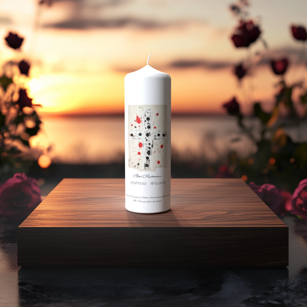 Weiße Trauerkerze mit modernem Punktkreuz in sanften Farbtönen, auf Holzpodest bei Sonnenuntergang – Symbol für Erinnerung, Hoffnung und Licht.