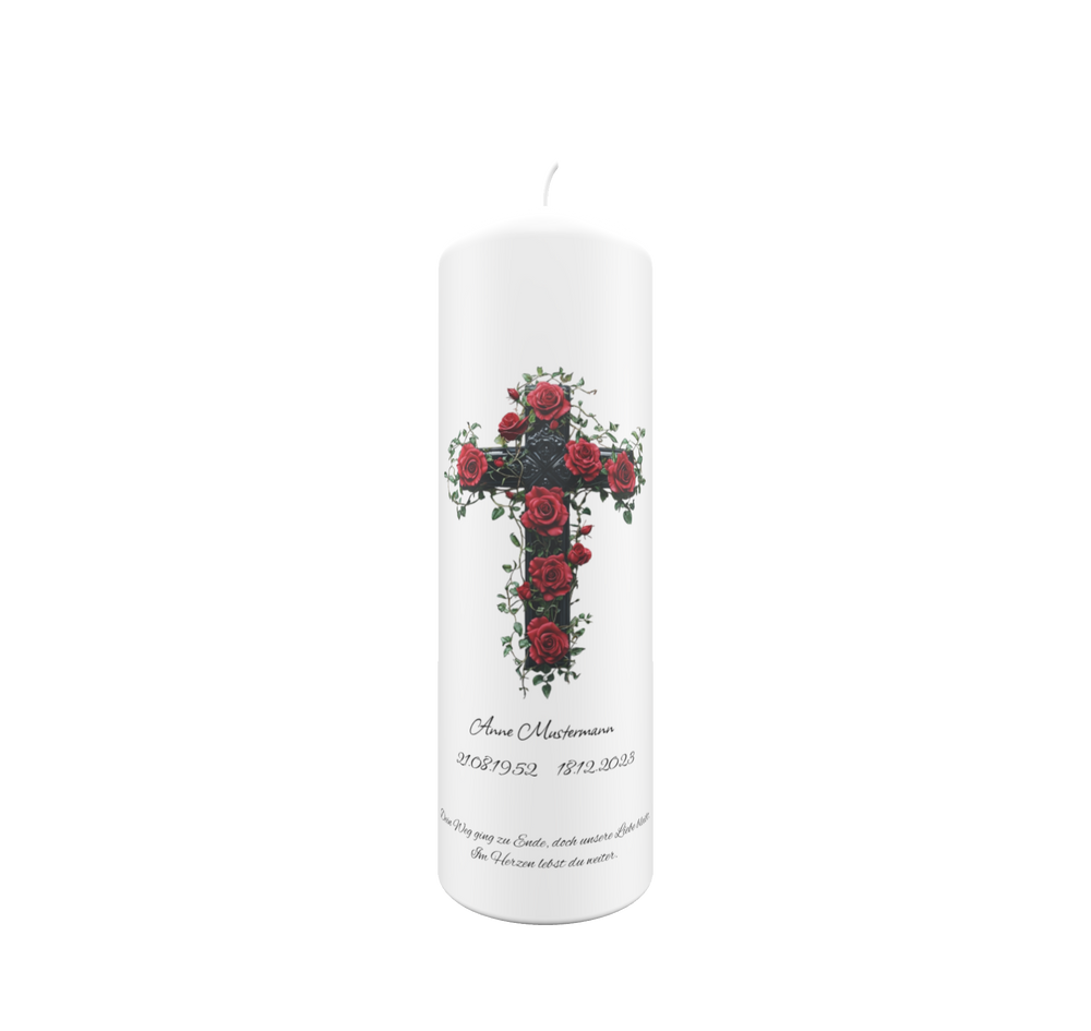 Freigestellte weiße Trauerkerze mit Kreuz aus roten Rosen – Symbol für Liebe, Erinnerung und Hoffnung.