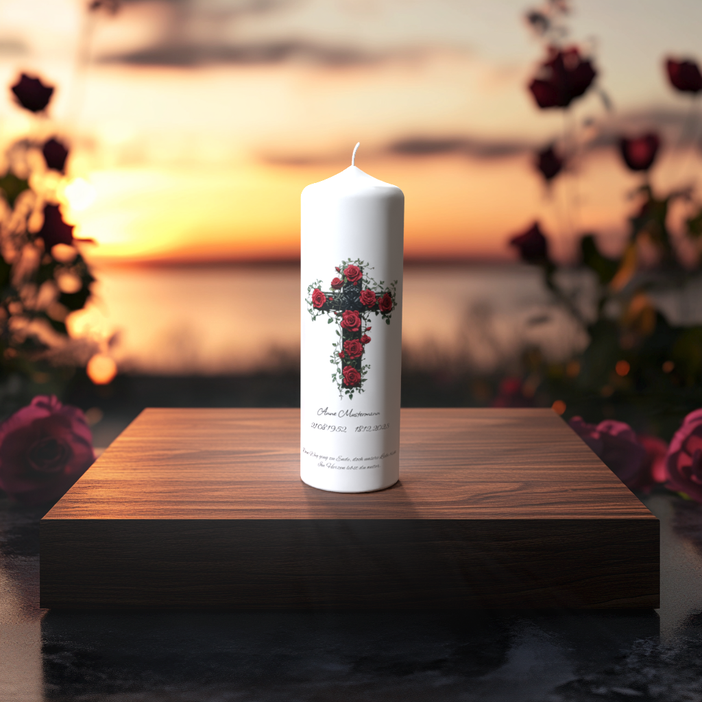 Weiße Trauerkerze mit Kreuz aus roten Rosen – Symbol für Liebe, Erinnerung und ewige Verbundenheit.
