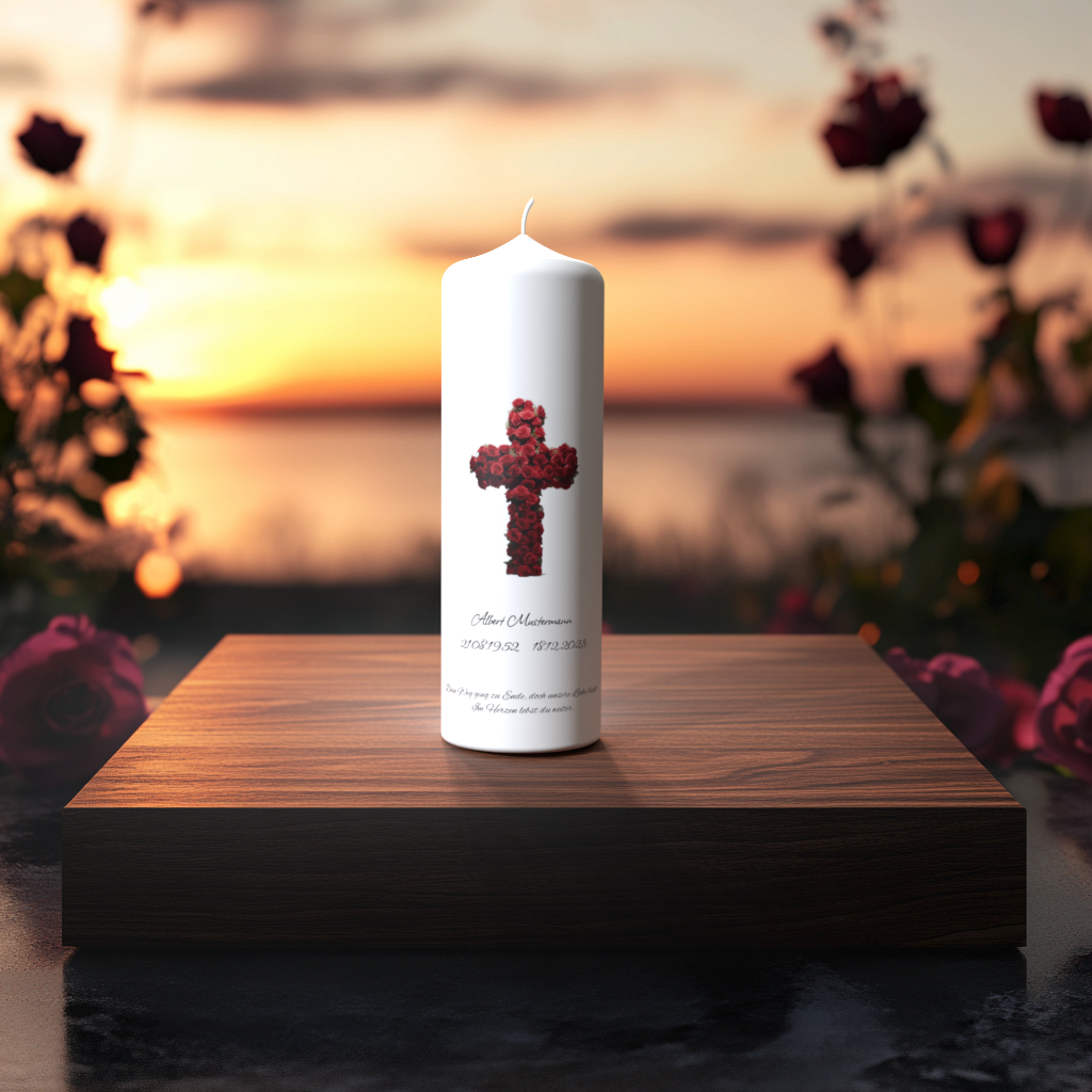 Weiße Trauerkerze mit rotem Rosenkreuz auf Holzpodest bei Sonnenuntergang – Symbol für Liebe, Erinnerung und ewiges Licht.