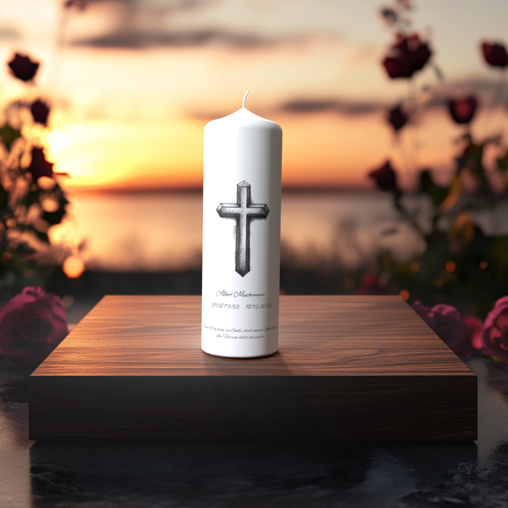 Weiße Trauerkerze mit grauem, handgezeichnetem Skizzenkreuz auf Holzpodest bei Sonnenuntergang – Symbol für Hoffnung, Erinnerung und Glaube.