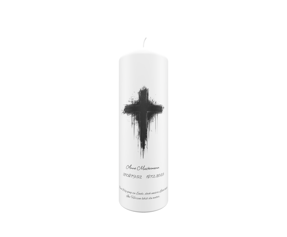 Freigestellte weiße Trauerkerze mit verlaufendem schwarzen Kreuz – Symbol für Glaube, Trost und Erinnerung.