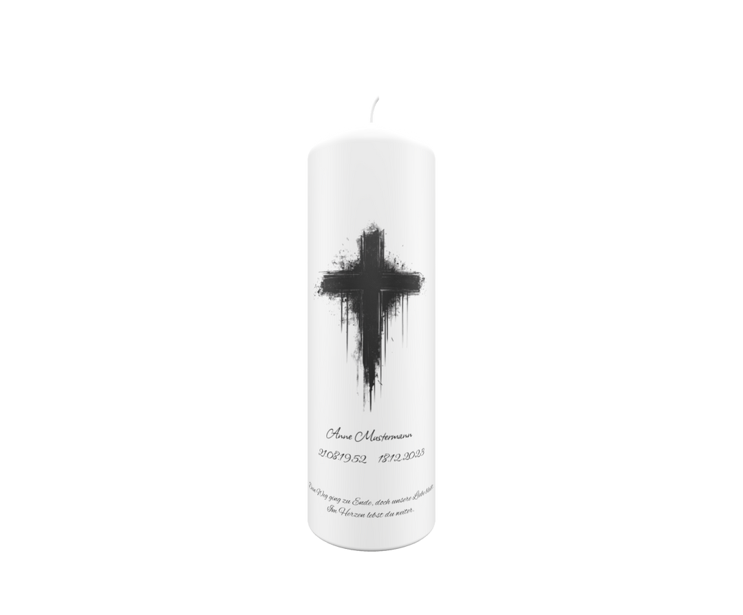 Freigestellte weiße Trauerkerze mit verlaufendem schwarzen Kreuz – Symbol für Glaube, Trost und Erinnerung.