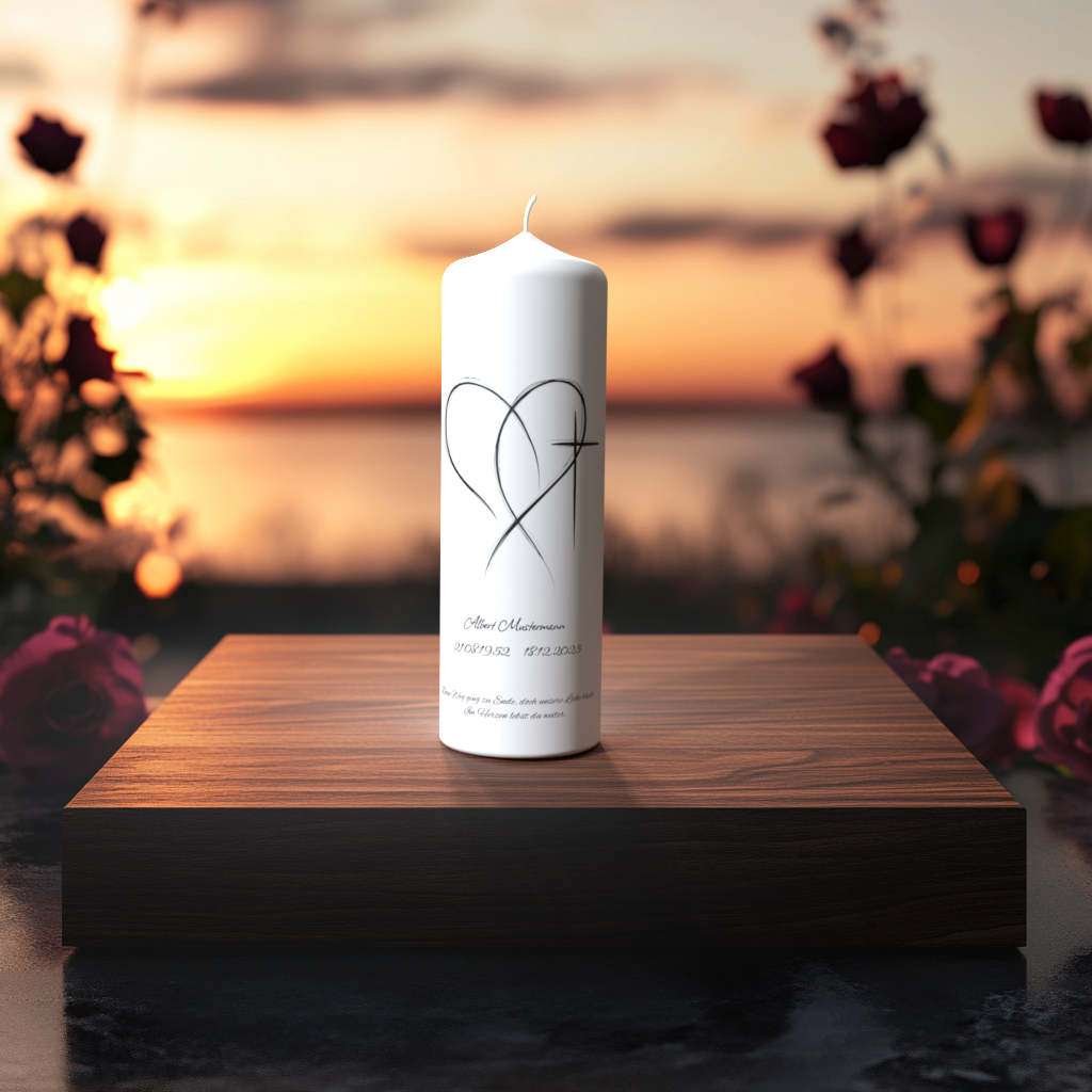 Weiße Trauerkerze mit feinem Linienmotiv aus Kreuz und Herz, auf Holzpodest vor Sonnenuntergang – Symbol für Liebe, Glaube und Erinnerung.