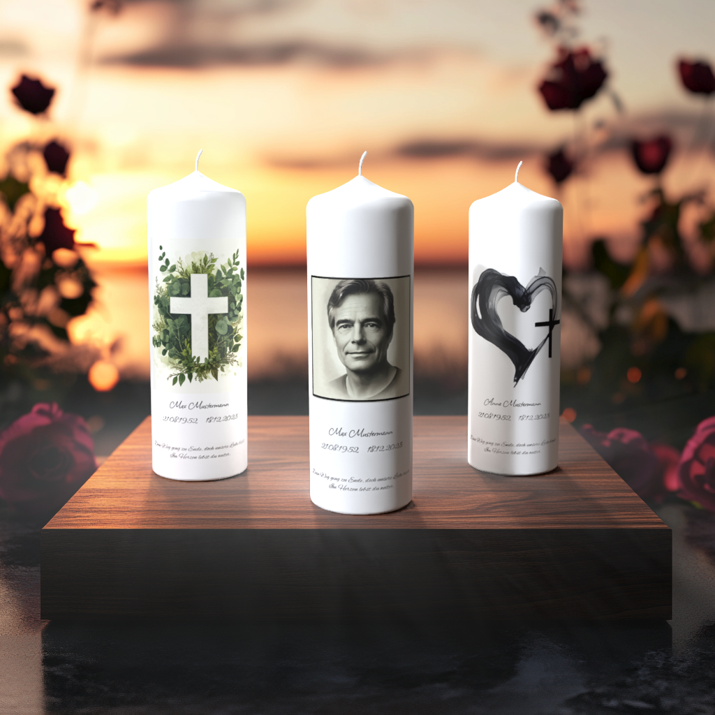Drei Trauerkerzen auf Holzpodest vor Sonnenuntergang: mit grünem Kreuzmotiv, Fotoporträt und schwarzem Herzsymbol, umgeben von Rosen – Symbol für Erinnerung und Trost.