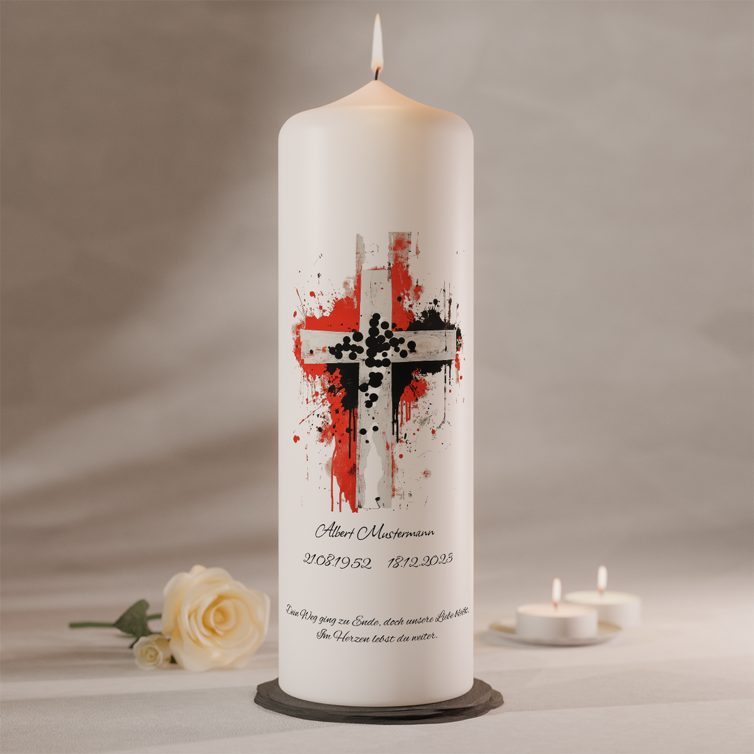 Trauerkerze „Blut & Licht“ mit ausdrucksstarkem Kreuzmotiv in Rot und Schwarz, handgefertigte Bienenwachskerze als Erinnerungslicht