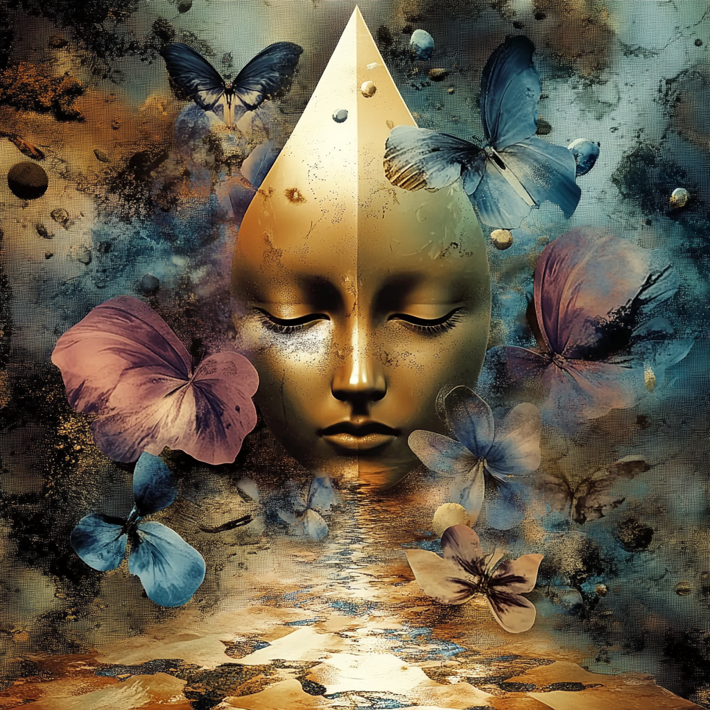 Goldene Maske mit geschlossenen Augen, umgeben von Schmetterlingen in einer traumhaften, mystischen Atmosphäre
