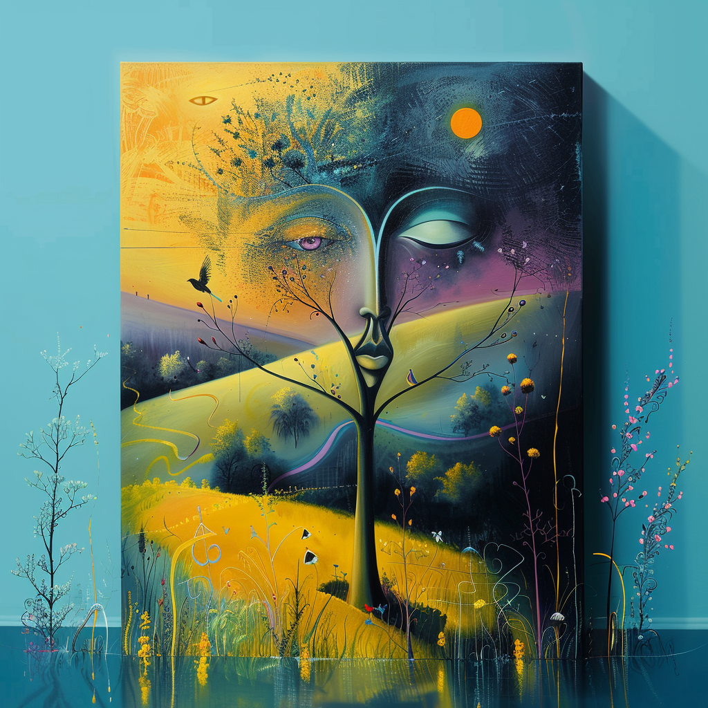 Surrealistisches Gemälde eines Gesichts, das mit einer Landschaft und einem Baum verschmilzt, in leuchtenden Gelb- und Blautönen
