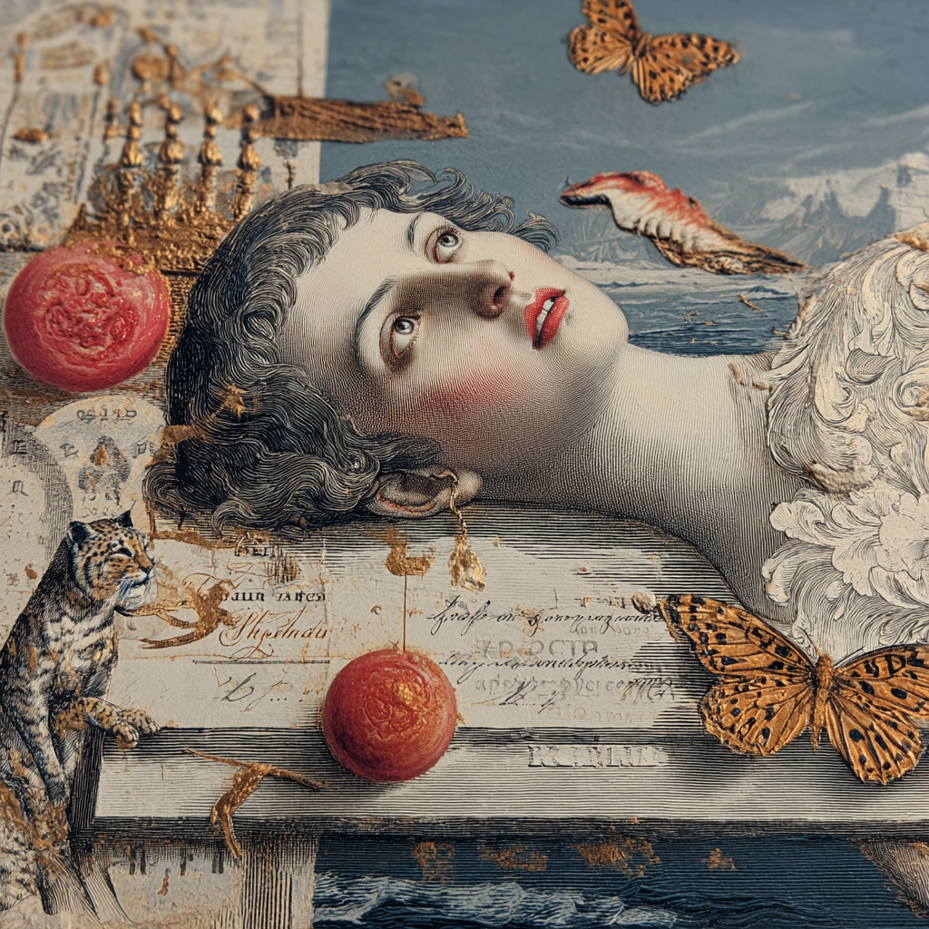 Ein surrealistisches Porträt einer Frau mit verträumtem Blick, umgeben von Schmetterlingen, exotischen Tieren und goldenen Elementen – Symbol für Fantasie und Erinnerung.

