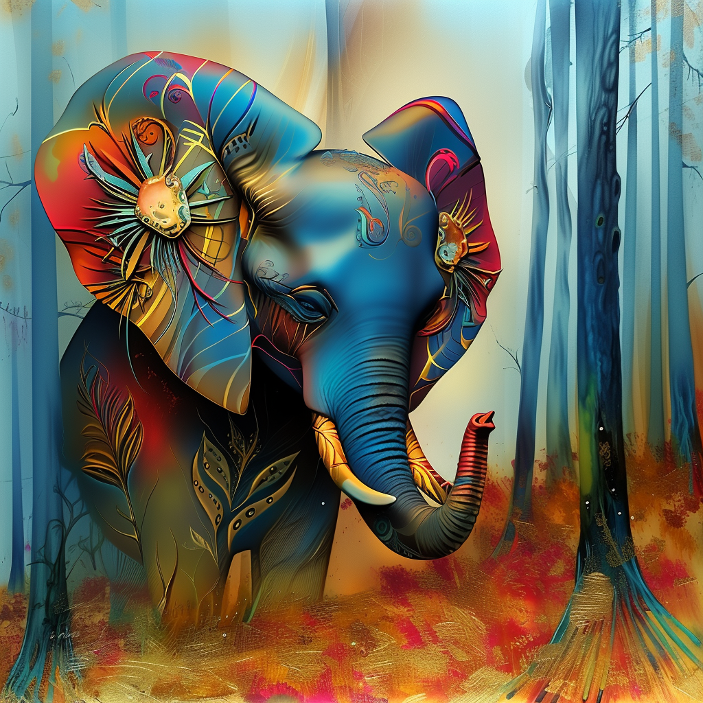 Buntes, surreal gemaltes Porträt eines Elefanten mit ornamentalen Mustern und leuchtenden Farben in einer Waldszene.
