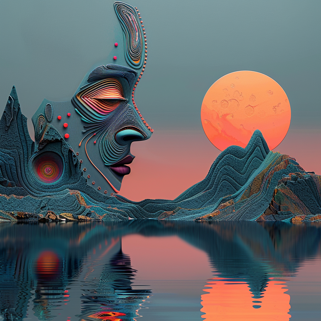 Surreales Porträt eines Gesichts, das mit Bergen und Sonnenuntergang verschmilzt. Farben in Blau, Rot und Orange.
