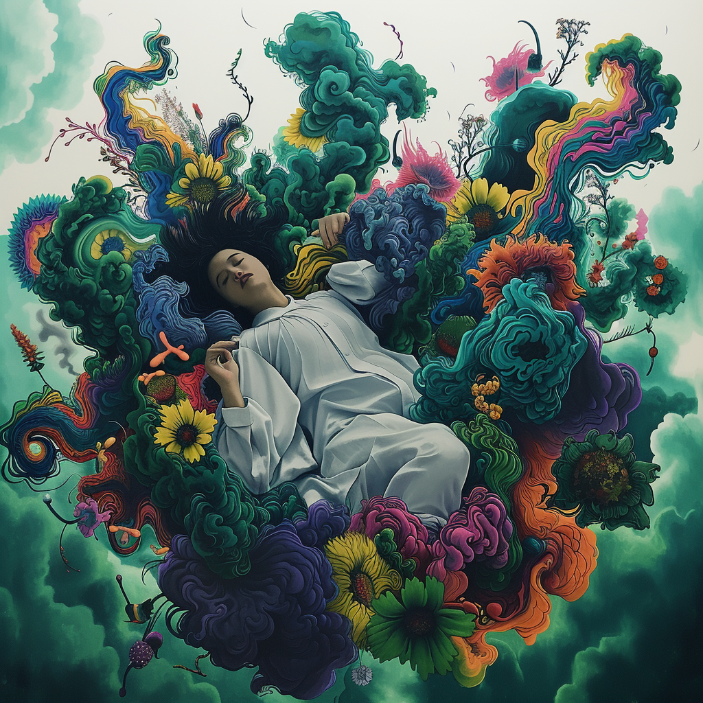 Frau in weißem Gewand, umgeben von farbigen Blüten und Wolken – surrealer Traum in floraler Symbolik.
