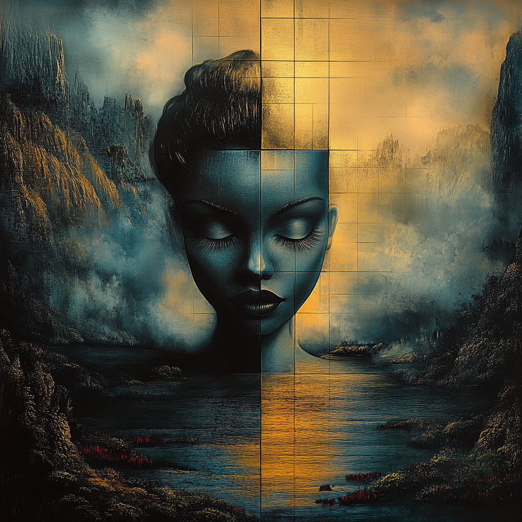 surrealistisches portraet mit geschlossenen augen vor nebliger gold-blauer landschaft
