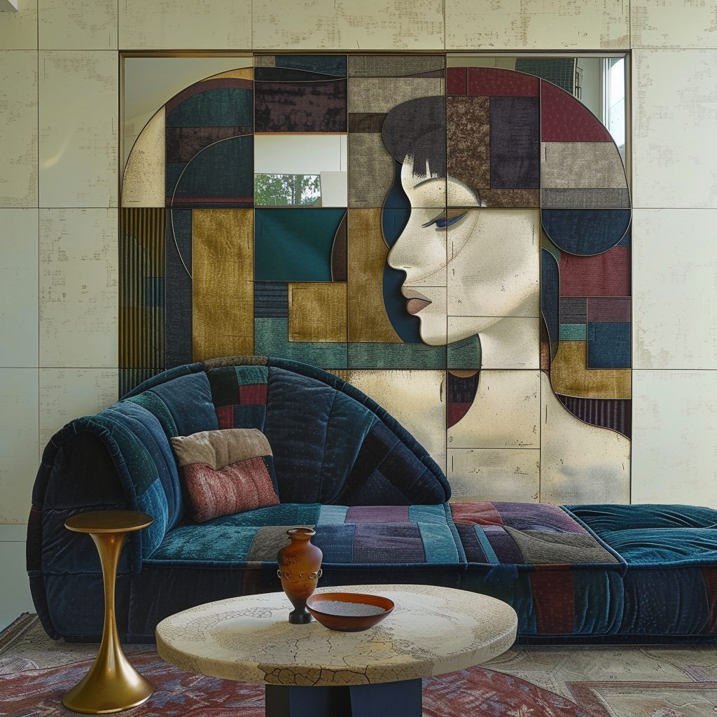 Abstrakte Wandkunst mit stilisiertem Frauenprofil in geometrischen Formen und Samttexturen
