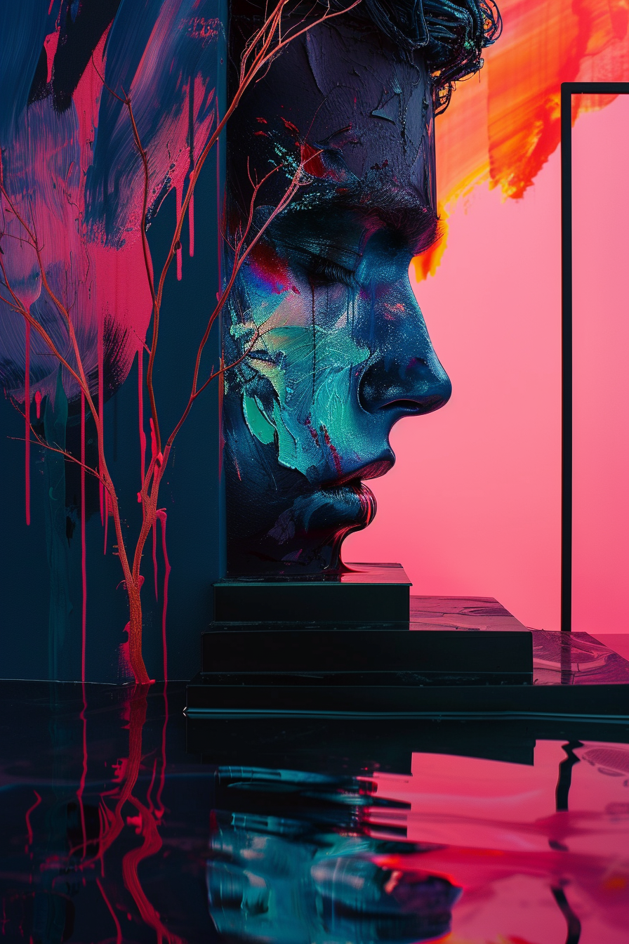 Ein surreales Porträt eines blau beleuchteten Gesichts vor einem leuchtend roten Hintergrund, das Stille und emotionale Tiefe ausstrahlt.
