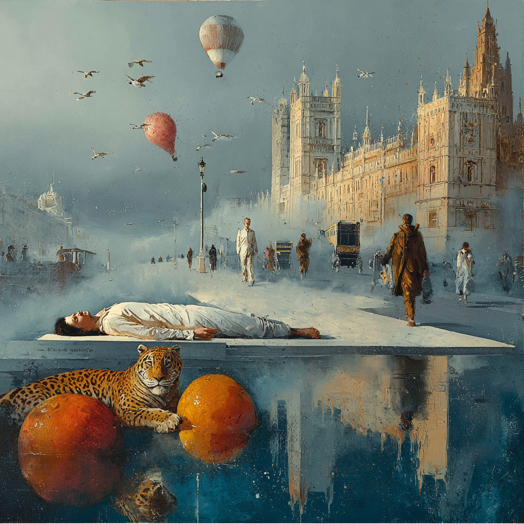 Ein surrealer Traum über London: Eine Frau liegt ruhig auf einem Steg, während ein Tiger zwischen orangefarbenen Kugeln im Wasser ruht und Heißluftballons über der Stadt schweben.
