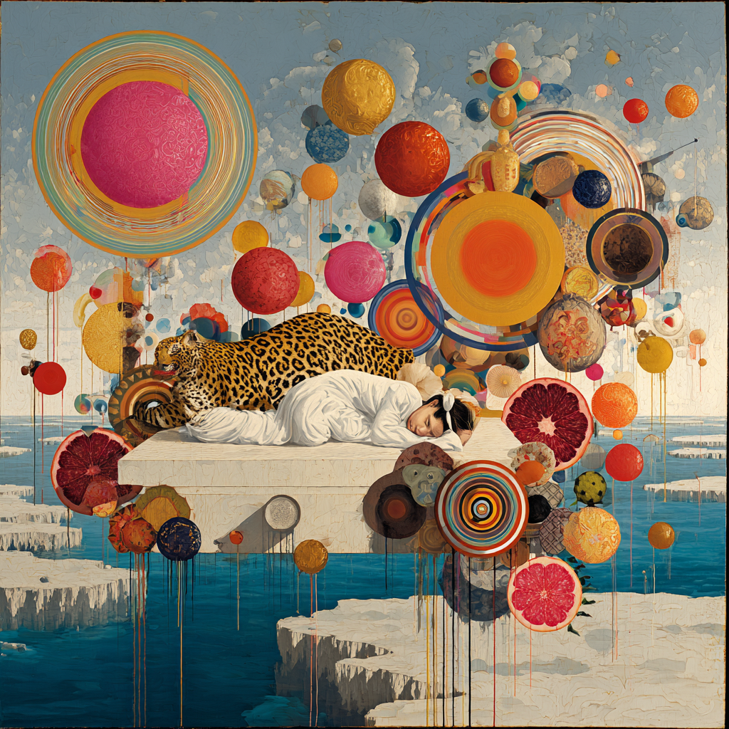 Eine Frau schläft friedlich auf einer schwebenden Plattform, während ein Leopard neben ihr ruht und bunte Kugeln in allen Farben um sie herum schweben – Symbol für Träume, Schutz und Fantasie.
