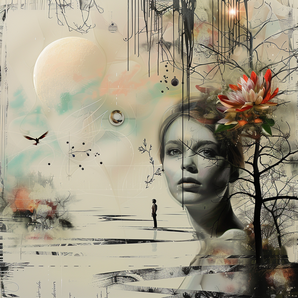 Surreale Landschaft zwischen Traum und Realität – eine Frauenfigur, Natur, Planeten und Licht verschmelzen zu einer poetischen Vision.
