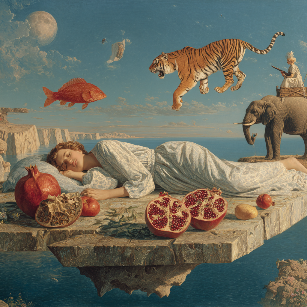 Ein surrealistisches Gemälde zeigt eine schlafende Frau auf einer schwebenden Felsplatte über dem Meer, während ein Tiger, ein roter Fisch und ein Elefant in einer Traumlandschaft erscheinen, umgeben von aufgeschnittenen Granatäpfeln.
