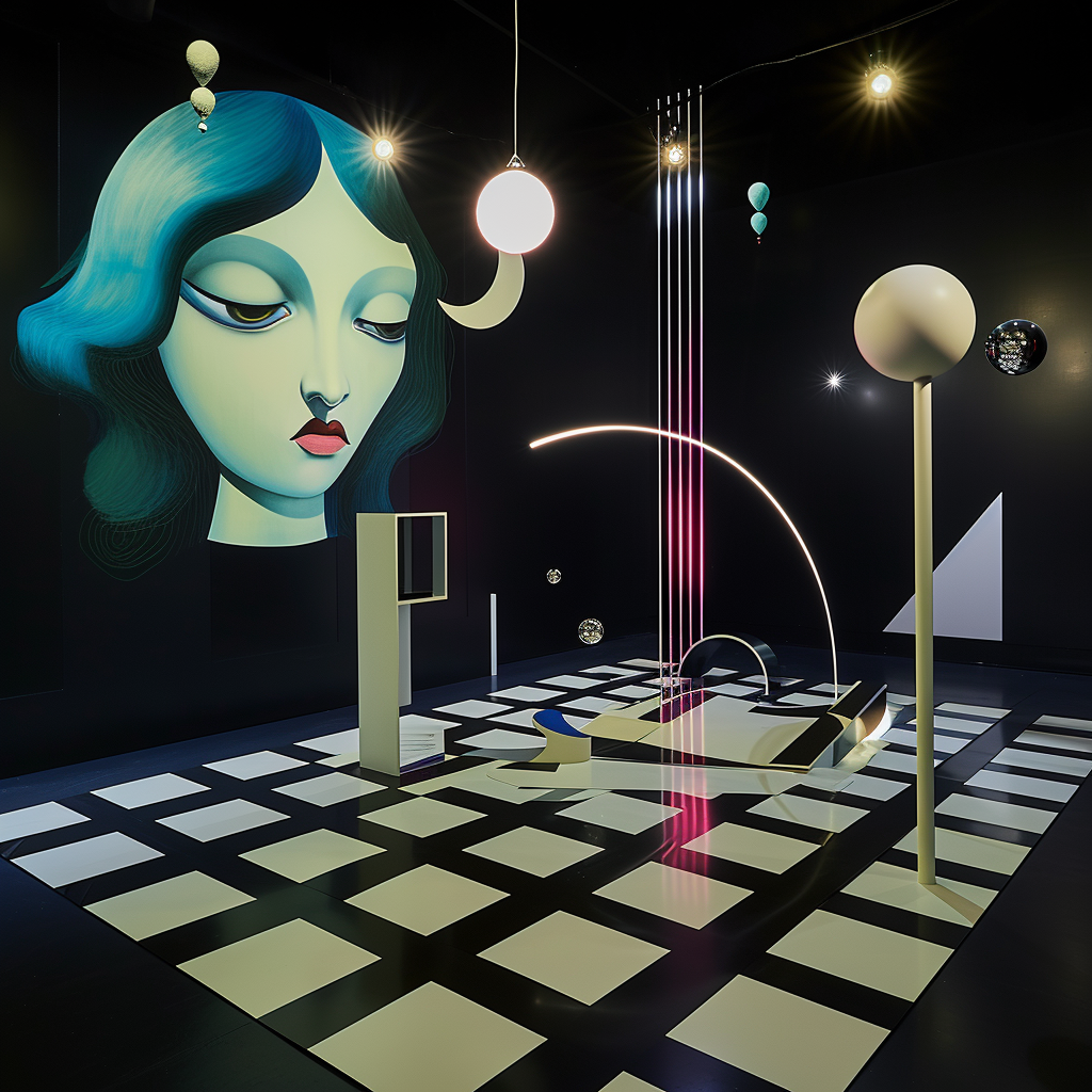 Surreale Rauminstallation mit geometrischen Formen, Lichtringen und einem großen Frauenporträt in Blau und Grün.
