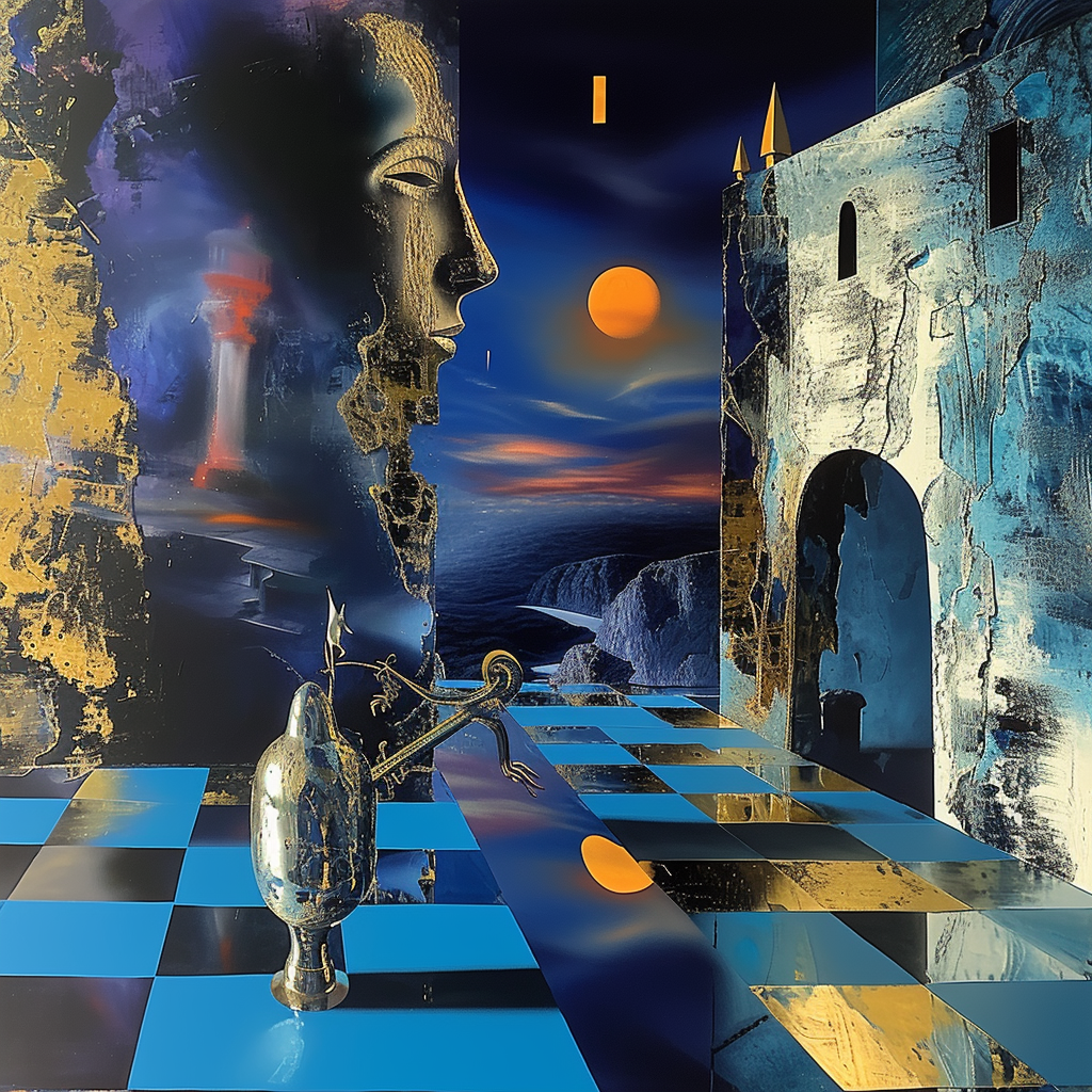 Surreale Landschaft aus Architektur, Meer und Mondlicht – goldene und blaue Flächen verschmelzen zu einer traumhaften Szenerie.
