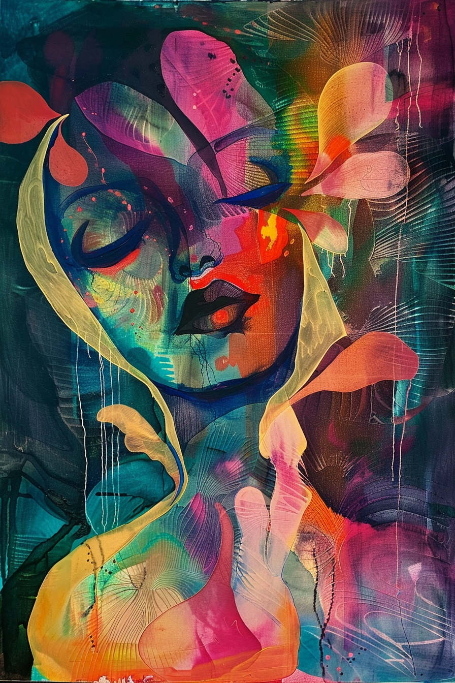 Ein abstraktes Porträt einer Frau mit geschlossenen Augen, dargestellt in leuchtenden Farben und fließenden Formen, die an Traumlandschaften erinnern.
